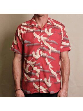 Freenote Cloth Red Crane Rayon Hawaiian Shirt Small